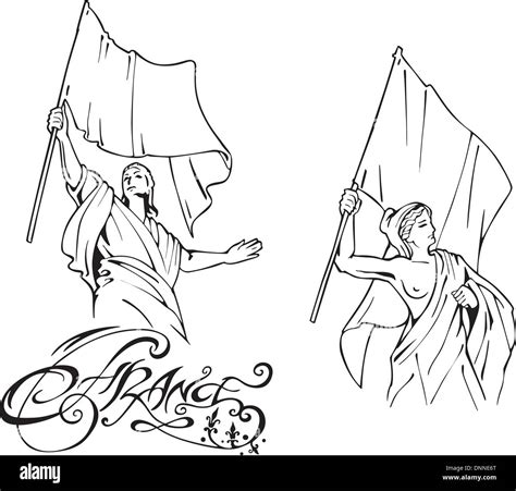 French Marianne With Flags Set Of Black And White Vector Illustrations