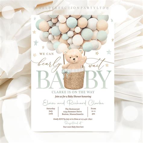 Editable Teddy Bear Hot Air Balloon Baby Shower Invitation Gender