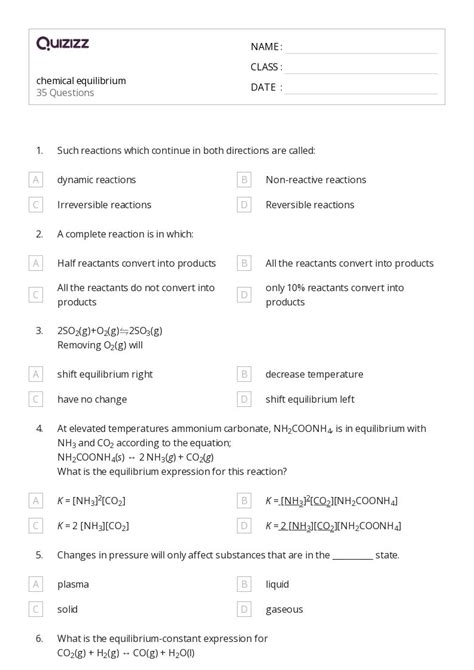 Printable Chemical Equilibrium Worksheets For Year Quizizz