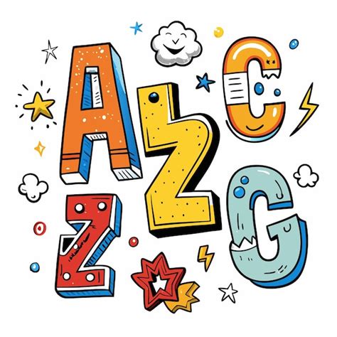 Las Coloridas Letras De Dibujos Animados A Z C Y G Con Dibujos Divertidos Y Estrellas Vector