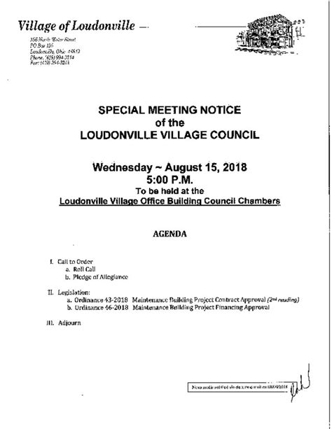 AGENDA SPECIAL MEETING 08152018 Village Of Loudonville