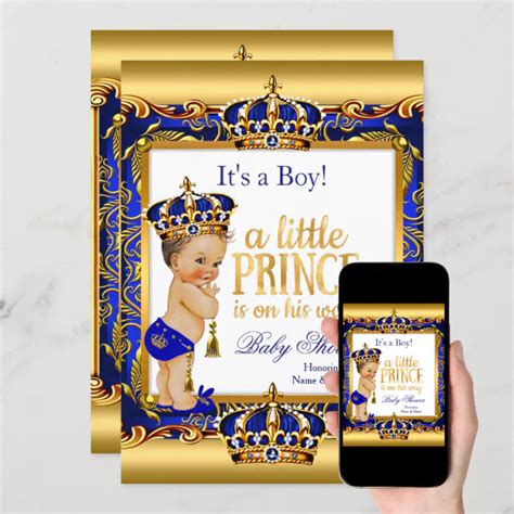 Prince Baby Shower Blue Ornate Gold Brunette Boy Invitation Zazzle