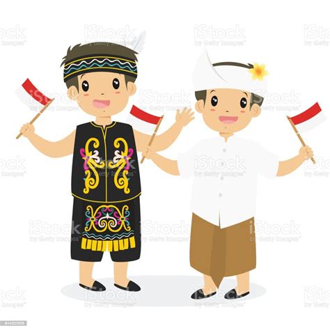 Dayak Und Bali Kinder Halten Indonesische Flagge Cartoon Vector Stock