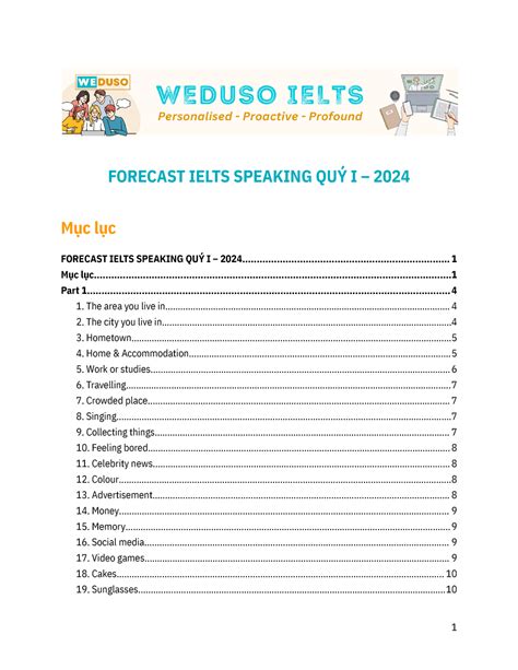 Ielts Speaking Forecast Quý 1 2024 Mục lục FORECAST IELTS SPEAKING