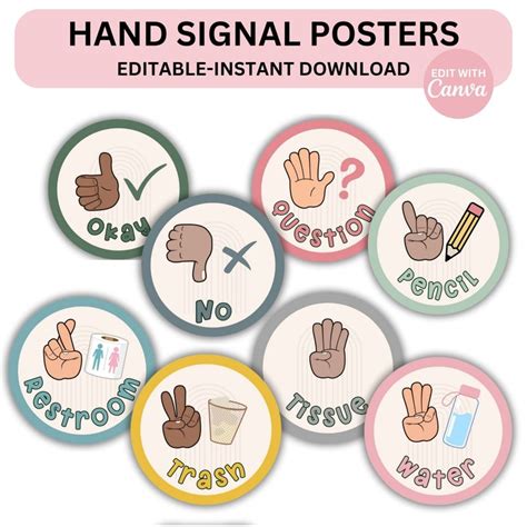 Classroom Hand Signals Poster Display Editable In Canva Boho Modern Classroom Management Teacher