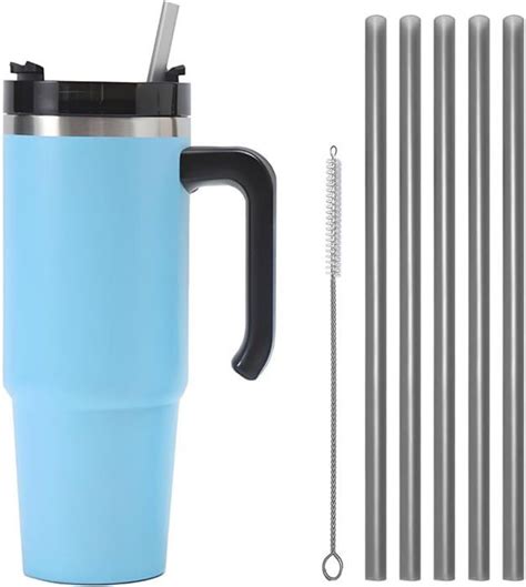 Mug Isotherme Avec Poignée Couvercle Brosse Et 5 Pailles Tasse À Café