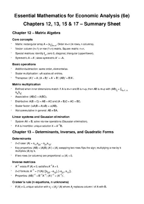 Essential Mathematics for Economic Analysis (6e) Summary of Chapters 12