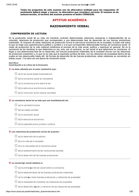 Simulacro Examen De Admisi N Usmp Todas Las Preguntas De Este Examen