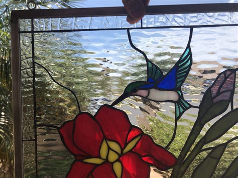 Gorgeous! Iris & Hummingbird Leaded Stained Glass Window Panel