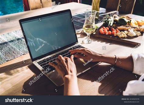 Unrecognizable Digital Nomad Typing Content Text Stock Photo