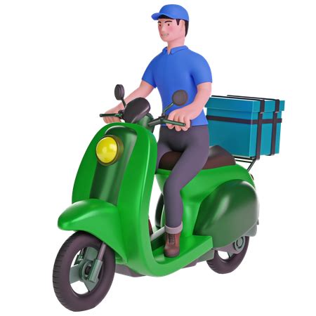 Delivery Man Riding A Motorcycle With Delivery Box 3D Illustration