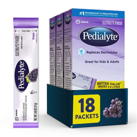 Pedialyte Electrolyte Powder Packets Grape Hydration Drink 18 Single