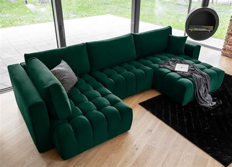 Confort Design Canap Panoramique Bonito Velours Vert Fonc