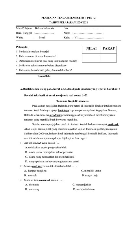 Soal Pts Kelas 6 Semester 2 Bahasa Indonesia Kurikulum 2013docx Free Download