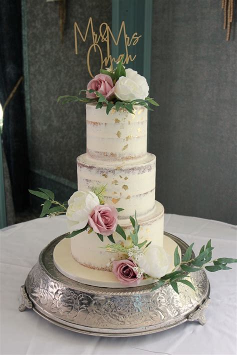 Semi Naked Wedding Cake With Silk Flowers And Cake Topper No W Creative Cakes
