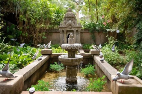 Premium Ai Image Peaceful Hindu Temple Garden With Birds And