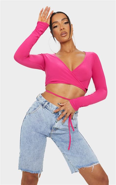 Hot Pink Tie Waist Strap Long Sleeve Crop Top Prettylittlething Usa