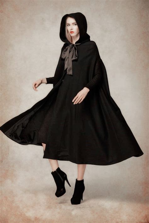 Black Wool Hooded Cape Maxi Hooded Cloak Winter Coat Jacket Etsy