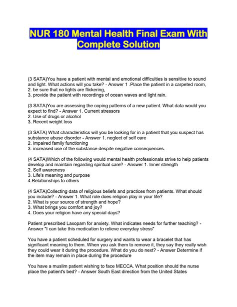 SOLUTION Nur 180 Mental Health Final Exam With Complete Solution