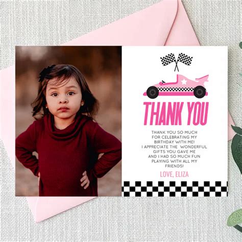 Pink Racecar Race Car Custom Photo Birthday Party Thank You Card Zazzle