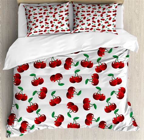 Fruits Duvet Cover Set King Size Vibrant Cherries Vitamin Agriculture