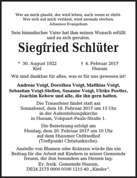 Traueranzeigen Von Siegfried Schl Ter Trauer Anzeigen De