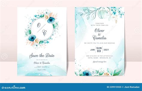 Blue Wedding Invitation Card With Watercolor Floral Decoration And