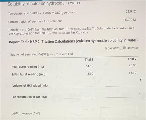 Solved Solubility of calcium hydroxide in water 24.9 °C | Chegg.com