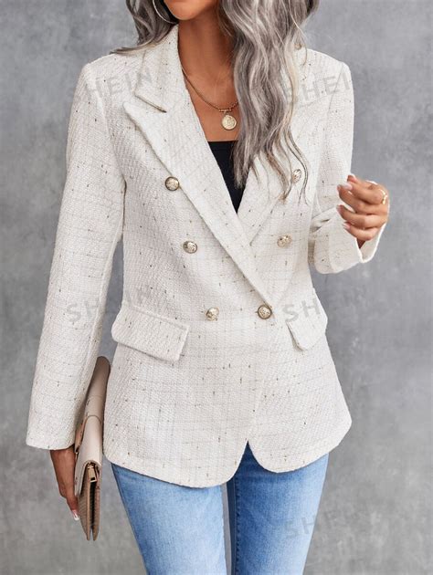 SHEIN Clasi Lapel Neck Double Breasted Tweed Blazer SHEIN USA