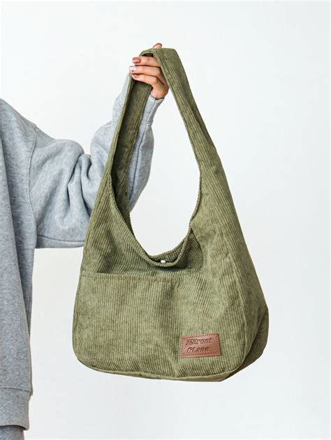 Army Green Fashionable Collar Corduroy Letter Hobo Bag Embellished