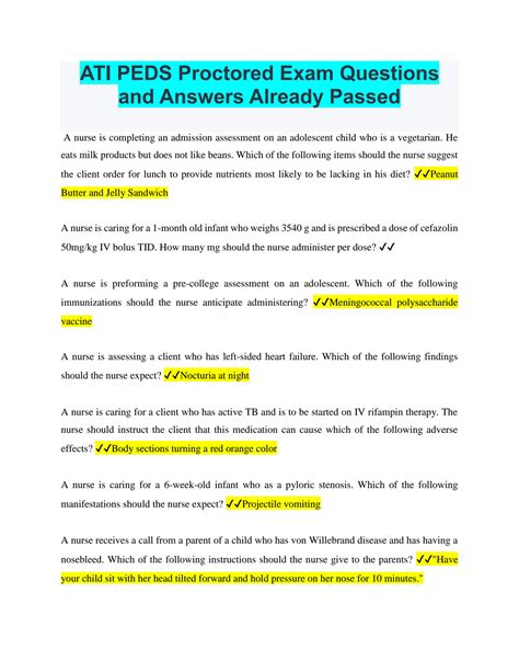 SOLUTION Ati Peds Proctored Exam Questions And Answers Already Passed