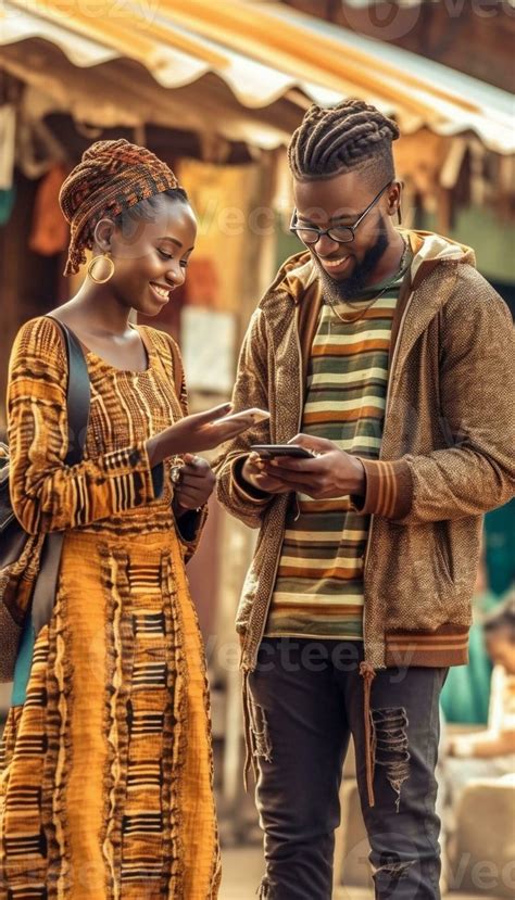 Africano Pareja Utilizando Artilugio Bonito Ni A Con Afro Peinado En De