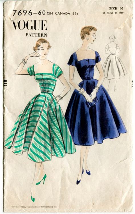 Vogue 7696 ©1952 Charming Dress Pattern With Flattering Neckline