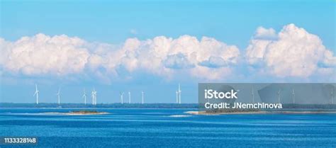 Wind Farm Nature Background With Wind Turbine Blue Sky And Sea Wind Turbine Landscape Stock