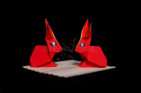 Origami Of Two Red Rabbit On Ice Cream Stick Stock Photo Image Of