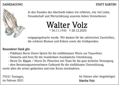 Walter Volz Traueranzeige Badische Zeitung