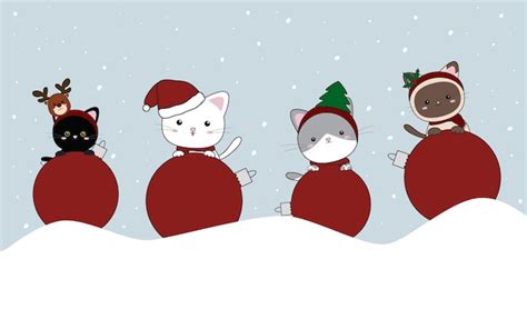 Gatos De Natal E Bola De Natal Na Ilustra O Vetorial De Monte De Neve