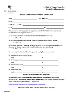 Fillable Online Palmbeachstate Reading Endorsement Request Form Palm