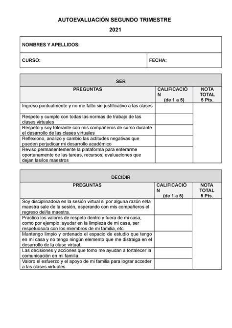 Autoevaluación Segundo Trimestre AUTOEVALUACIÓN SEGUNDO TRIMESTRE