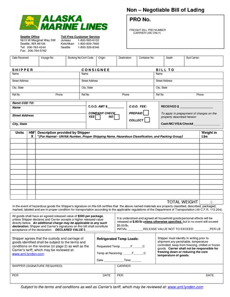 Printable Bill Of Lading Template