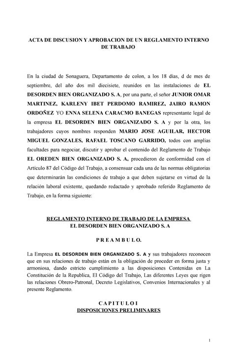 Reglamento De Una Empresa Acta De Discusion Y Aprobacion De Un