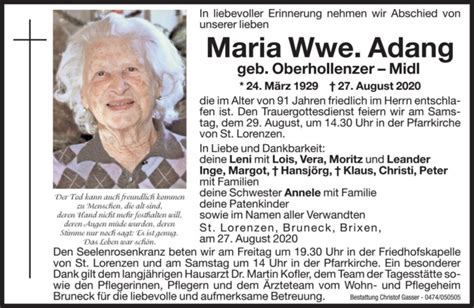 Maria Wwe Adang aus St Lorenzen TrauerHilfe it das Südtiroler