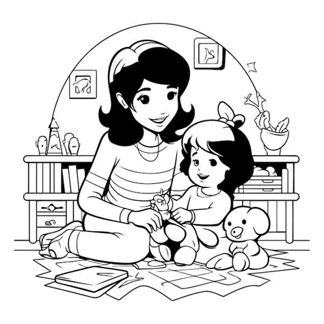 Madre e hija jugando con juguetes en casa diseño gráfico de ilustración