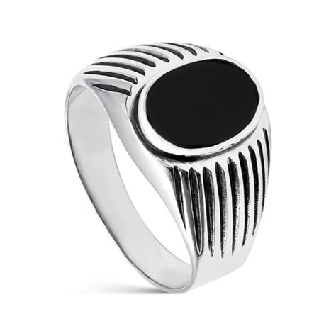 Anillo De Plata De Ley De Hombre Piedra Negra Oval Joyeria Class