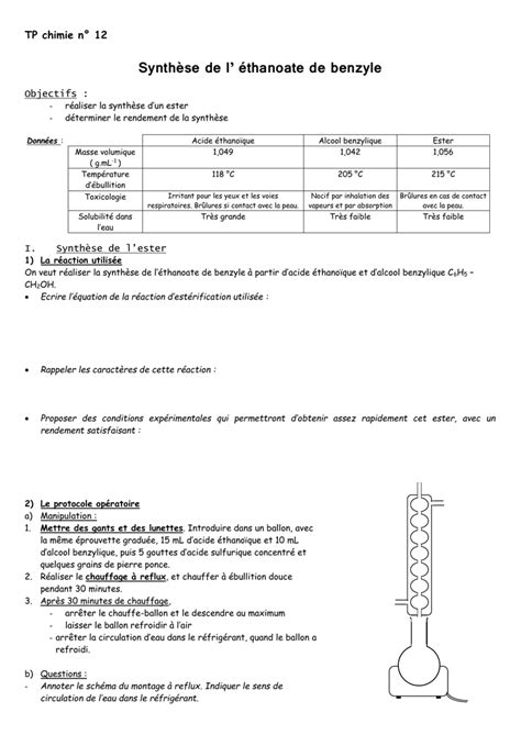 TP SYNTHESE DE L ETHANOATE DE BENZYLE