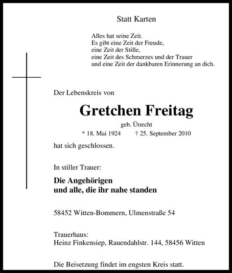 Traueranzeigen Von Gretchen Freitag Trauer In Nrw De