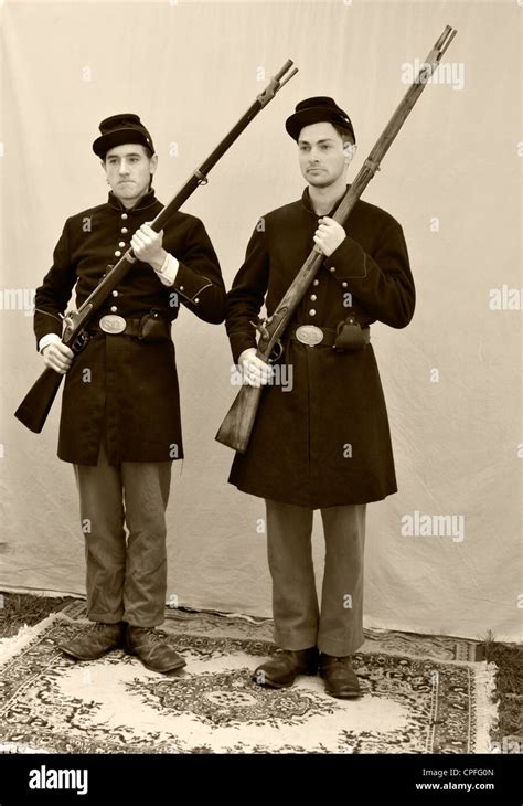 Two Young Soldiers With Rifles Posing For Photographer Civil War