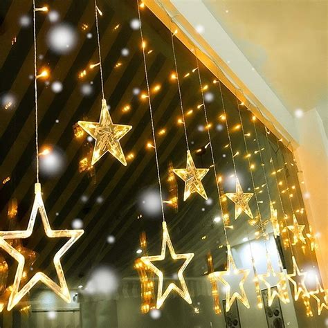 Quntis Led Star Curtain Lights Mains Powered 2m Warm White 12 Stars 138