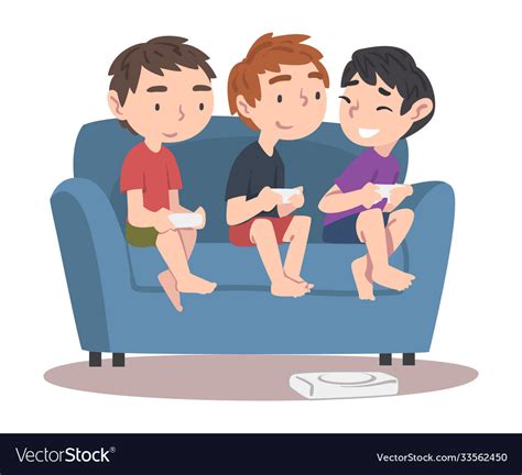 Boys Sitting On Sofa Playing Video Game Children Vector Image