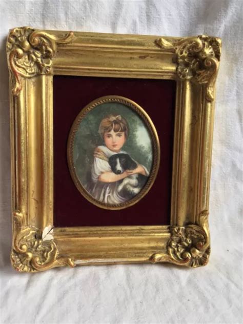 TABLEAU PORTRAIT MINIATURE Peinture Ancienne Enfant Petite Fille Chien